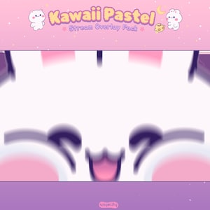 Peut inclure: Conception de pack de superposition de flux Kawaii Pastel avec une image floue d'un visage de chat souriant. Le fond est un d&eacute;grad&eacute; rose et violet avec de petites &eacute;toiles blanches. Le texte "Kawaii Pastel Stream Overlay Pack" est en haut.
