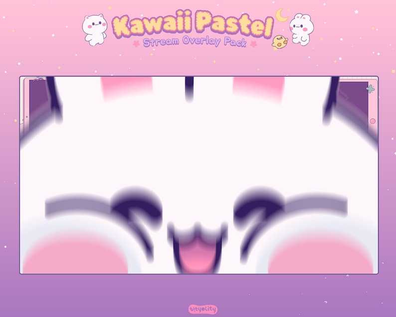 Peut inclure: Conception de pack de superposition de flux Kawaii Pastel avec une image floue d'un visage de chat souriant. Le fond est un d&eacute;grad&eacute; rose et violet avec de petites &eacute;toiles blanches. Le texte "Kawaii Pastel Stream Overlay Pack" est en haut.
