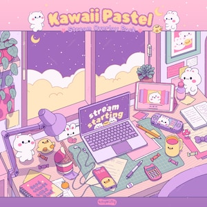 Peut inclure: Illustration du pack de superposition de flux Kawaii Pastel. Sc&egrave;ne de bureau avec un ordinateur portable affichant le texte "stream starting", entour&eacute; de personnages de dessins anim&eacute;s mignons, d'une tablette et d'une console de jeu. La palette de couleurs est rose pastel, violet et jaune.