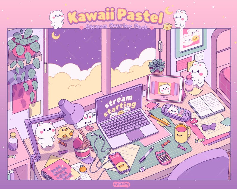 Peut inclure: Illustration du pack de superposition de flux Kawaii Pastel. Sc&egrave;ne de bureau avec un ordinateur portable affichant le texte "stream starting", entour&eacute; de personnages de dessins anim&eacute;s mignons, d'une tablette et d'une console de jeu. La palette de couleurs est rose pastel, violet et jaune.