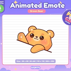 Puede incluir: Emoticono animado de un oso marrón con pelaje naranja claro, asomándose desde detrás de un papel blanco rayado. El oso tiene ojos grandes y redondos, una pequeña nariz rosa y una sonrisa linda. El texto "Animated Emote" y "Brown Bear" se muestra arriba del oso. El texto "Size: 28 x 28 | 56 x 56 | 112 x 112 | 256 x 256" se muestra debajo del oso.