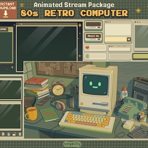 Puede incluir: Un paquete de streaming animado con temática de computadora retro de los años 80. El diseño incluye varias ventanas de interfaz, un chat y una ilustración de un escritorio con una computadora vintage, teclado, teléfono, libros y una taza.