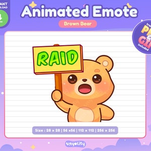 May include: Animated emote of a brown bear holding a yellow sign with the word "RAID" in green letters. The bear has a surprised expression with its mouth open and its eyes wide. The emote is available in various sizes, including 28x28, 56x56, 112x112, and 256x256 pixels.
