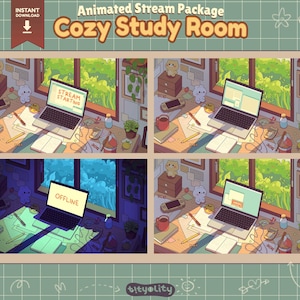 Cozy Study Room Stream Package Animated screens Starting soon, Stream Ending, Offline, Be Right Back