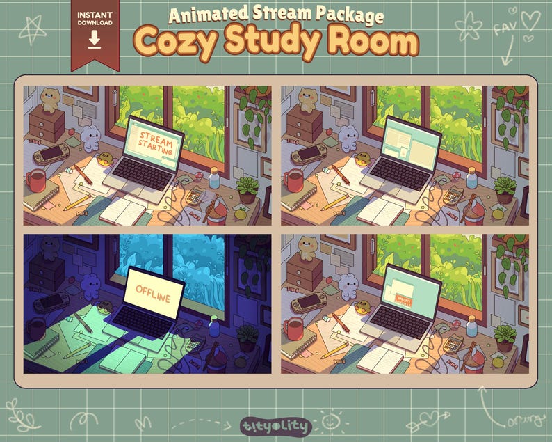 Cozy Study Room Stream Package Animated screens Starting soon, Stream Ending, Offline, Be Right Back