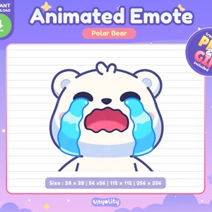 Puede incluir: Emoticono animado de un oso polar blanco con ojos azules en forma de lágrima, una boca rosa abierta y un fondo blanco. El texto "Animated Emote" y "Polar Bear" están por encima de la imagen. El texto "Size: 28 x 28 | 56 x 56 | 112 x 112 | 256 x 256" está debajo de la imagen.