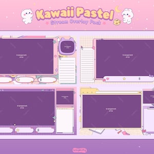 Peut inclure: Impression d'art num&eacute;rique pr&eacute;sentant un pack Kawaii Pastel Stream Overlay. Le design comprend quatre mises en page avec des zones transparentes, dans des tons de violet, rose et jaune, avec des personnages de dessins anim&eacute;s mignons et des &eacute;l&eacute;ments d&eacute;coratifs.