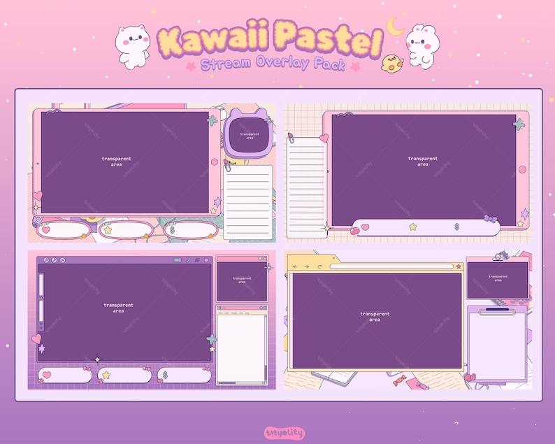 Peut inclure: Impression d'art num&eacute;rique pr&eacute;sentant un pack Kawaii Pastel Stream Overlay. Le design comprend quatre mises en page avec des zones transparentes, dans des tons de violet, rose et jaune, avec des personnages de dessins anim&eacute;s mignons et des &eacute;l&eacute;ments d&eacute;coratifs.