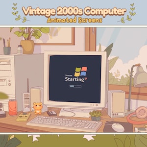Könnte beinhalten: Eine digitale Illustration eines Vintage-Computers aus den 2000er Jahren mit einem Monitor, der den Text Stream Starting und ein buntes Fenster-Logo anzeigt. Der Schreibtisch enthält eine Tastatur, Maus, Lautsprecher, eine Spielkonsole, eine Dose und einen Bären.