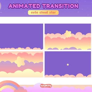 May include: Animated transition graphic with a purple background and a series of clouds in pink, yellow, and orange hues. The clouds are layered to create a sense of depth. A yellow star appears in the clouds, and the text "cute cloud star" is displayed below the clouds.