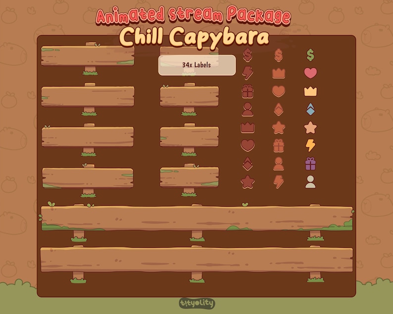 May include: An animated stream package titled "Chill Capybara" with wooden panel designs and various icons. The package includes labels and decorative elements in shades of brown, green, and pink, suitable for streaming content.