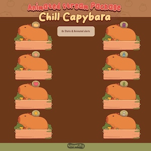 May include: An animated stream package titled "Chill Capybara" featuring eight static and animated alerts. Each alert showcases a cartoon capybara resting on a wooden plank with various icons above, including a crown, star, heart, and dollar sign.