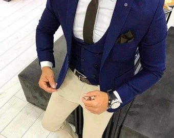 Traje de hombre Slim Fit elegante traje azul de tres piezas para hombre para boda, compromiso, aniversario, fiesta de graduación, ropa de novio y traje de novio para hombre