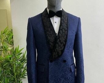 Mens Slim Fit Black Hand Made Embroidered Tuxedo with stones Shawl Lapel for Weddings and special occasions