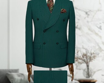 Stripe Suit For Men / Green Double Breasted Pin Stripe Suit / Business Suit / office 2 Piece Suit For Men