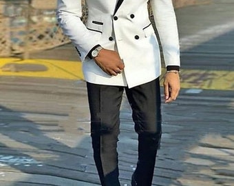 Traje de lujo de diseño entallado, traje de esmoquin blanco de dos piezas para hombre para boda, compromiso, graduación, ropa de novio y trajes de padrino de boda