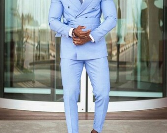 Trajes de hombre, chaqueta azul cielo con doble botonadura, traje de boda de Moda Formal de 2 piezas, ropa de novio, ropa de fiesta ajustada, traje de verano para hombre