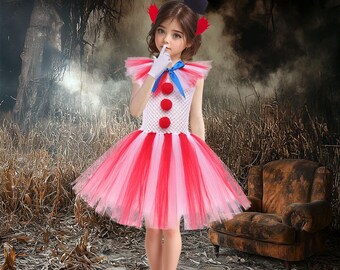 Cute Cartoon Style Clown Dress for Children Adjustable Tulle Tutu with Polka Dot Nose Cloth Gloves Party Halloween Costume