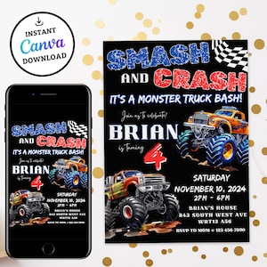 BEWERKBARE Monster Truck verjaardagsuitnodiging, Monster Trucks uitnodiging, Monster Jam Boy verjaardag uitnodigen, elke leeftijd, afdrukbare sjabloon, vrachtwagen