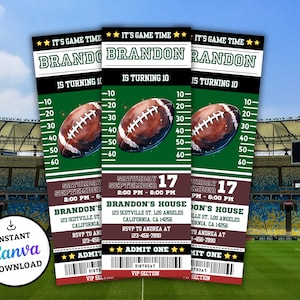 May include: Three football-themed birthday party tickets. Each ticket features a football graphic, a green and white field design, and the text "It's Game Time" and "Brandon is turning 10". Includes event details.
