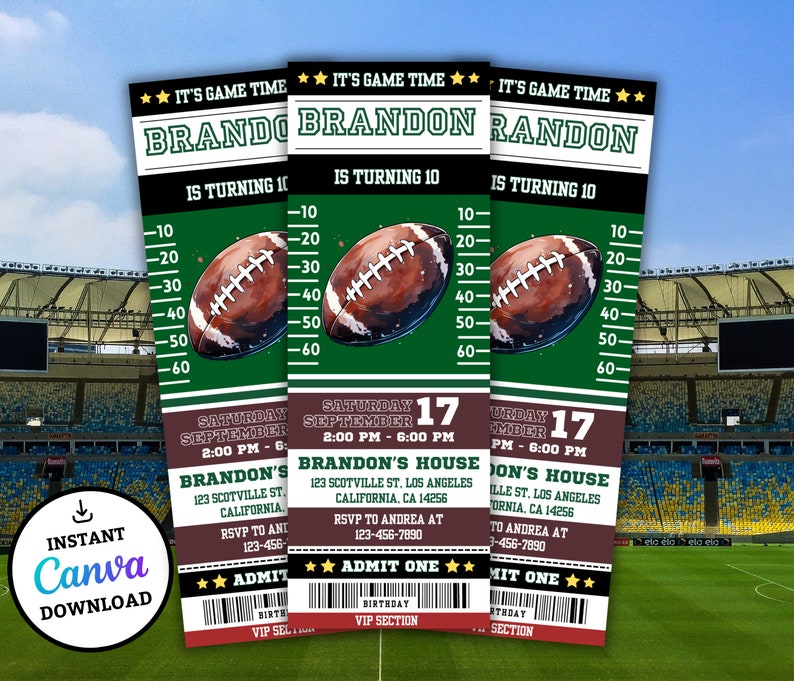 May include: Three football-themed birthday party tickets. Each ticket features a football graphic, a green and white field design, and the text "It's Game Time" and "Brandon is turning 10". Includes event details.
