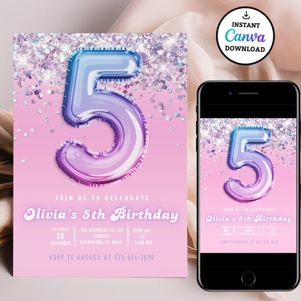 Editable Pink 5th Birthday Invitation Template Glitter Birthday Party Invite Rainbow Foil Girl Fifth Birthday Instant Download Digital
