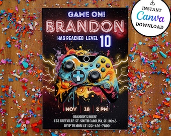 Plantilla de invitación de cumpleaños de videojuegos, invitación de videojuegos con brillo neón, invitación para niños, fiesta de videojuegos para niños, invitación para gamers, Canva editable
