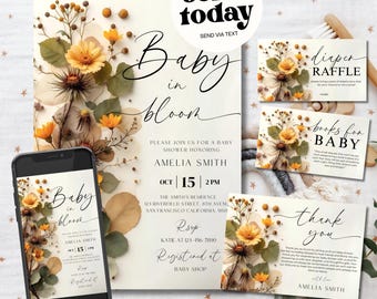 Editable Baby in Bloom Shower Invitation Bundle, Floral Invitation Set for Girl Baby, Thank you Card Diaper Raffle Flowers Baby Shower Set