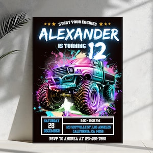 Bewerkbare verjaardagsuitnodiging Monster Truck: afdrukbare feestuitnodiging