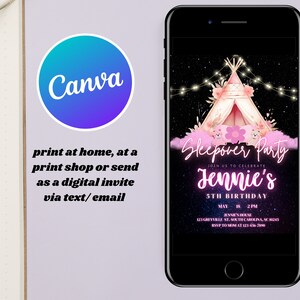 Peut inclure: Une invitation num&eacute;rique pour une soir&eacute;e pyjama pour c&eacute;l&eacute;brer un 5&egrave;me anniversaire. L'invitation pr&eacute;sente une tente tipi rose et blanche avec des lumi&egrave;res f&eacute;&eacute;riques et un fond de nuit &eacute;toil&eacute;. Le texte indique "Sleepover Party" et "Jennie's 5th Birthday".