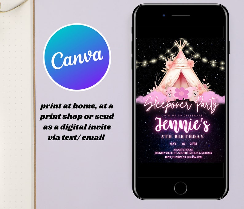 Peut inclure: Une invitation num&eacute;rique pour une soir&eacute;e pyjama pour c&eacute;l&eacute;brer un 5&egrave;me anniversaire. L'invitation pr&eacute;sente une tente tipi rose et blanche avec des lumi&egrave;res f&eacute;&eacute;riques et un fond de nuit &eacute;toil&eacute;. Le texte indique "Sleepover Party" et "Jennie's 5th Birthday".