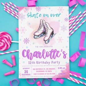 Invito di compleanno per pattinaggio sul ghiaccio, modello di invito per festa di pattinaggio invernale MODIFICABILE, fiocco di neve pastello, pista di pattinaggio all'aperto per bambini, download immediato