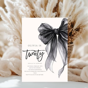 Black Bow Birthday Invitation Template: Coquette Party Invite (Digital Download)