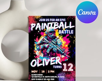 May include: A colorful invitation for a paintball battle party. The invitation features a soldier in camouflage holding a gun with a neon green, pink, and blue paint splatter background. The text reads "Join us for an epic Paintball Battle Oliver Turns 12 Nov 18 2 PM Oliver's House 123 Greyville St. South Carolina, SC 18245 RSVP to Mom at 123-456-7898"