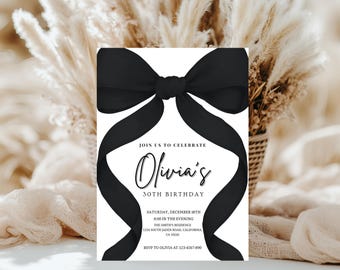 Black Bow 30th Birthday Invitation Girl, Birthday Template Printable, Black Coquette Bow Invitation 18th Birthday Girl Invite, Bow Invite
