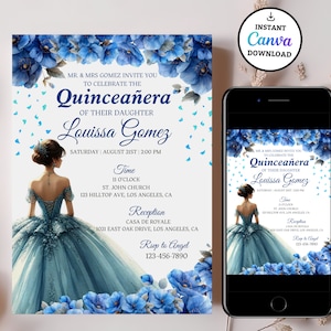 MODIFICABILE Invito Quinceañera blu polvere e argento, modello festa a farfalla, tiara dolce 16 compleanno, floreale Mis Quince Anos