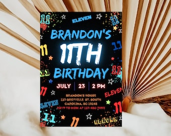 Boy 11th Birthday Invitation: Neon Template (5x7 Editable, Digital Download)