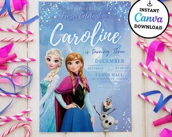 Bewerkbare Frozen verjaardagsuitnodiging sjabloon, prinses Elsa Girl Evite, Instant Download, digitale verjaardagsfeestje uitnodigen voor meisjes, afdrukbaar