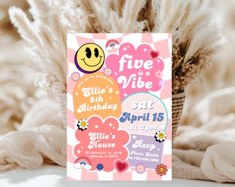 Faire-part d'anniversaire smiley à carreaux : fête groovy rétro (téléchargement numérique, modèle Canva 5 x 7 po.)