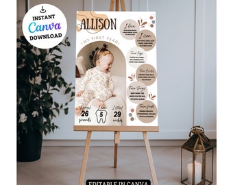 EDITABLE First Birthday Milestone Sign, Modern 1st Birthday Milestone Poster, One Year Photos Baby Milestone Board, Printable Template