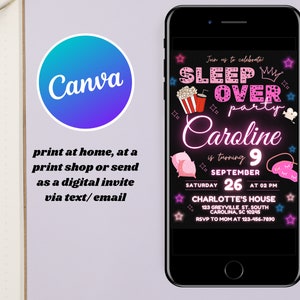 May include: A black and pink digital invitation for a sleepover party. The invitation says "Join us to celebrate! Sleep Over Party" with a crown and stars. The name Caroline is in pink neon letters and the text says "is turning 9" with a pink number 9. The date is September 26th at 2 PM. The address is Charlotte's House, 123 Greyville St. South, Carolina, SC 10245. The RSVP number is 123-456-7890.
