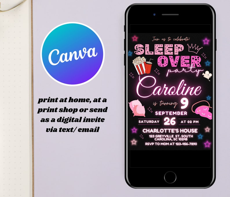 May include: A black and pink digital invitation for a sleepover party. The invitation says "Join us to celebrate! Sleep Over Party" with a crown and stars. The name Caroline is in pink neon letters and the text says "is turning 9" with a pink number 9. The date is September 26th at 2 PM. The address is Charlotte's House, 123 Greyville St. South, Carolina, SC 10245. The RSVP number is 123-456-7890.
