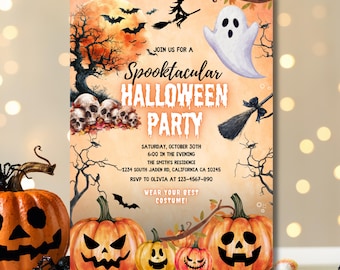 May include: A Halloween party invitation with an orange background, featuring a spooky design. The invitation includes a full moon, bats, a witch, a ghost, and carved pumpkins. Text reads "Spooktacular Halloween Party".