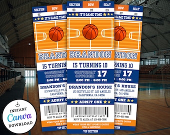 May include: Basketball-themed birthday party tickets. Each ticket features a basketball court graphic with an orange basketball. The tickets are blue, orange, and white, with the text "It's Game Time" and "Admit One". The tickets are for Brandon's 10th birthday.