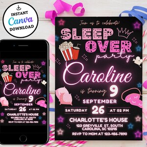 May include: A black and pink digital invitation for a sleepover party. The invitation features a neon pink sign that says "Sleep Over Party" with a crown and stars. The text "Caroline is turning 9" is also in neon pink. The invitation includes the date, time, and location of the party.