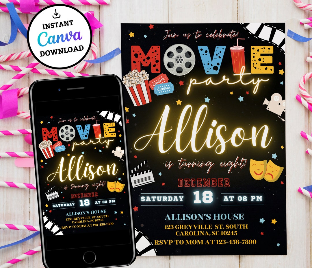 Editable Movie Birthday Invitation, Printable Birthday Party Invitation ...