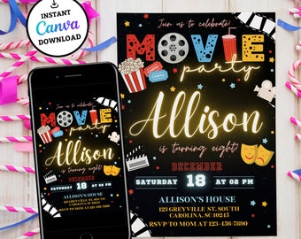 Editable Movie Birthday Invitation, Printable Birthday Party Invitation, Digital Kids Party Invite, Cinema Birthday Invitation, Movie Ticket