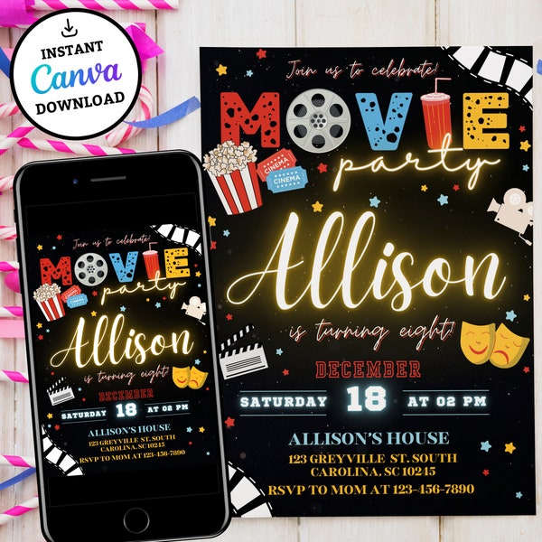 Editable Movie Birthday Invitation, Printable Birthday Party Invitation, Digital Kids Party Invite, Cinema Birthday Invitation, Movie Ticket