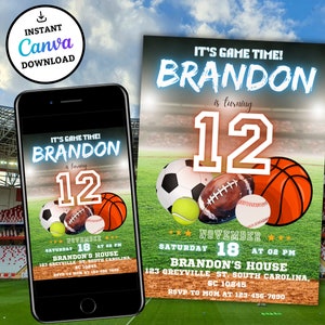 All Star Sports Birthday Invitation, Party Invitation, Digital Template, Sports Game Number Any Age DIY Birthday Party Invite