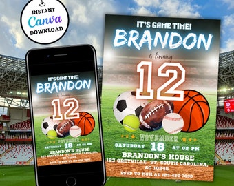 All Star Sports Birthday Invitation, Party Invitation, Digital Template, Sports Game Number Any Age DIY Birthday Party Invite